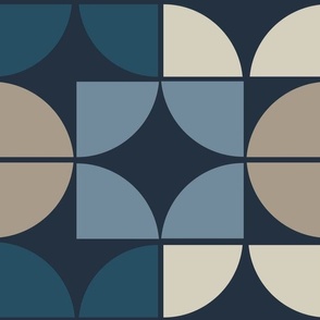 Mid Century Modern Geometric - circular quarters - Blues and Beige Shades (Large)