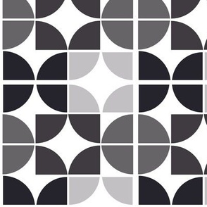 Black Monochrome Circular Quarters geometric tile design, mid century modern - small - fabric.