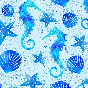 Under The Sea Marine Life Watercolor Summer Pattern On Light Blue