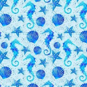 Under The Sea Marine Life Watercolor Summer Pattern On Light Blue Smaller Scale