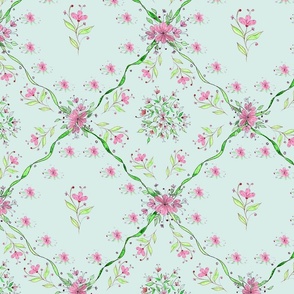 Pink Flowers on Trellis, "Lillybells", (large) on soft green background  by Mona Lisa Tello