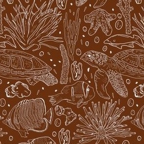 Hand Drawn Ocean Turtles, Fish And Coral White On Rust Orange Small