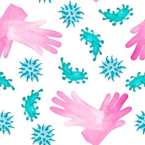 Pink Medical Gloves & Blue Virus Bacteria