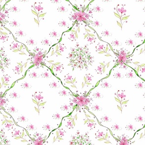 Pink Flowers on Trellis, "Lillybells, (large pattern) on white background  by Mona Lisa Tello