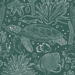 Hand Drawn Ocean Turtles, Fish And Coral White On Teal Green Medium