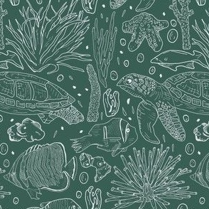 Hand Drawn Ocean Turtles, Fish And Coral White On Teal Green Small