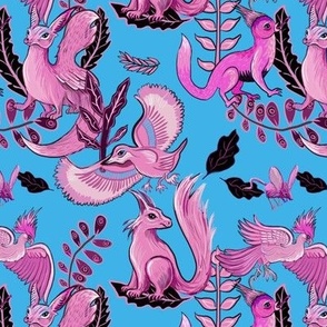 pink mythical creatures and a hopping mouse on sky blue