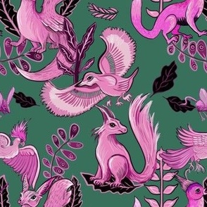 pink mythical creatures on emerald