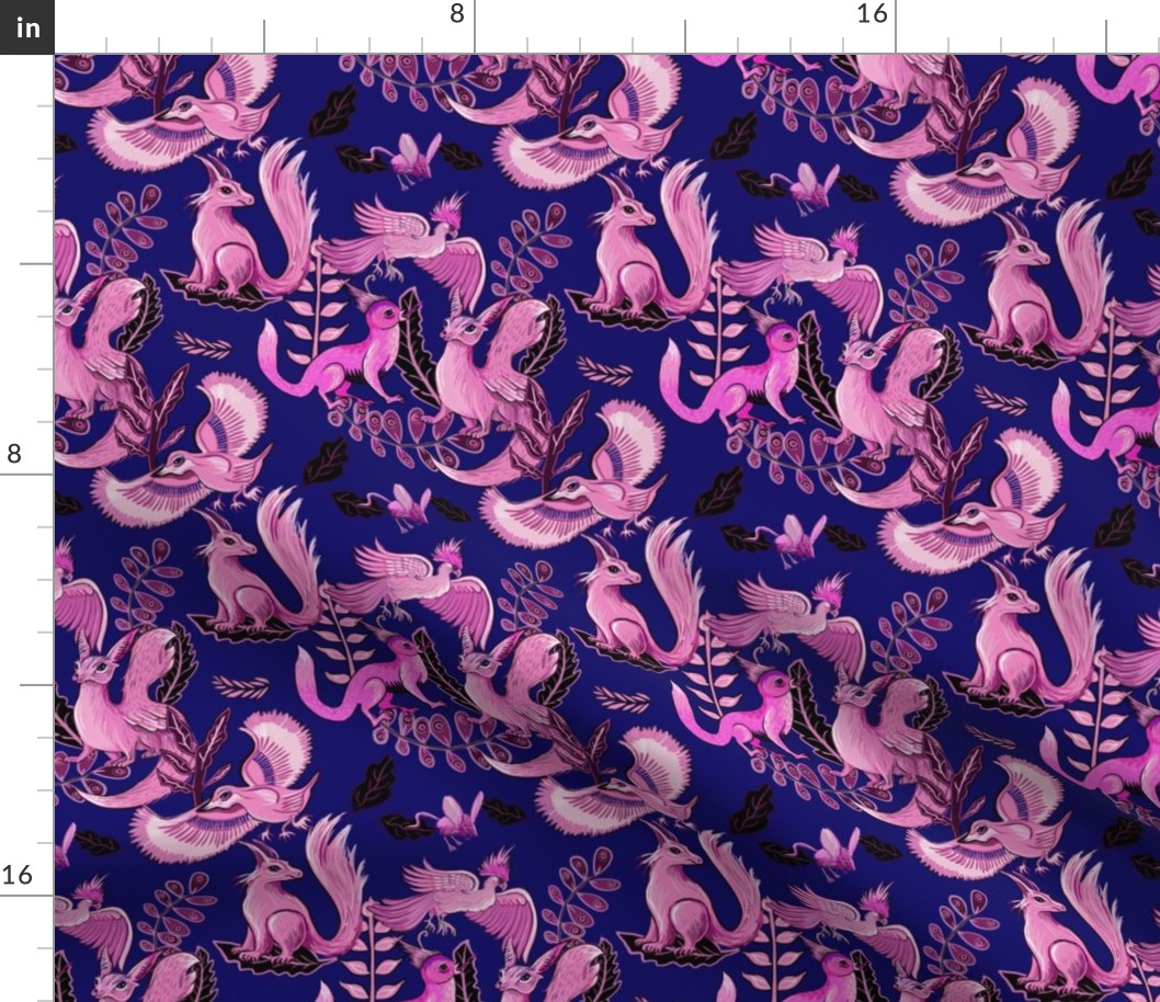 pink mythical creatures on dark blue