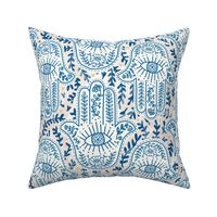 [large] Botanical Hamsa Hand - cobalt blue on blush