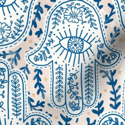 [large] Botanical Hamsa Hand - cobalt blue on blush