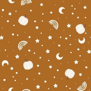 Large Scale // Halloween Moon, Stars, Rainbows and Pumpkins on Copper Burnt Sienna Brown 