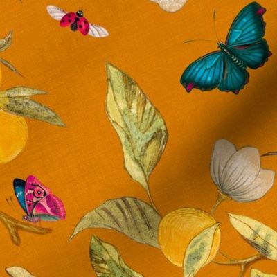 Hummingbirds, lemons and butterflies in orange