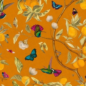 Hummingbirds, lemons and butterflies in orange