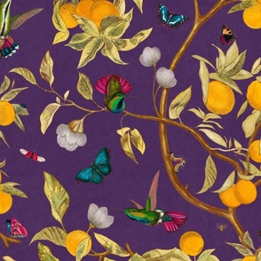 Hummingbirds, lemons and butterflies in purple