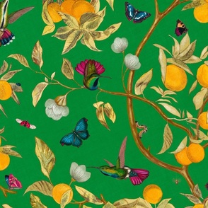 Hummingbirds, lemons and butterflies in kelly green 