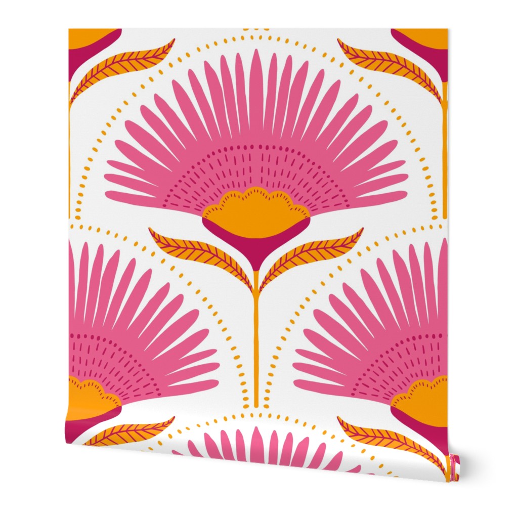 large - aara palm flora - bright pink and bright orange  on white - custom color for agreco1980