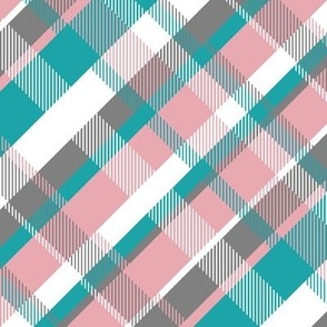 turquoise pink gray diagonal plaid