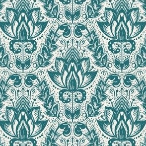 Small Textured Floral Damask// north sea green on cream