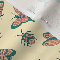 Retro modern salmon pink, peach and teal insects on eggshell ivory - quilts, table linens