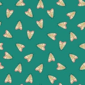 Moths on emerald green - spring green, pink and and ivory insects - quilt fabric