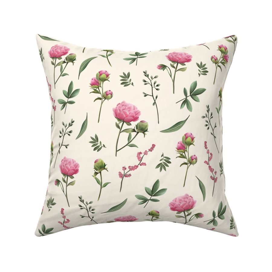 Pink Peony Flowers on Off-White background For Fabric and Wallpaper