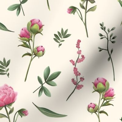 Pink Peony Flowers on Off-White background For Fabric and Wallpaper