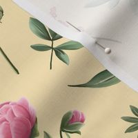 Pink Peony Flowers on a Yellow background For Fabric and Wallpaper