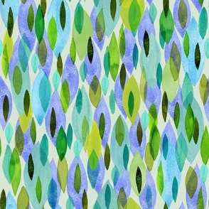 Watercolor Abstract Layered Leaves Blue, Green, Lavender Medium