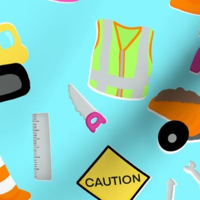 Construction Worker Fabric Safety JW LDC DRC Hard Hat Vest Safety Cone Glasses on Bright Blue