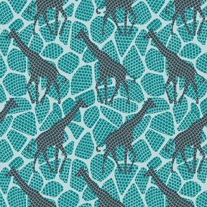 Giraffe mosaic with giraffe silhouettes and spots cyan turquoise blue - medium scale