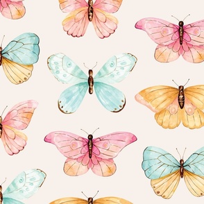 Colorful Watercolor Butterflies on Cream 24 inch