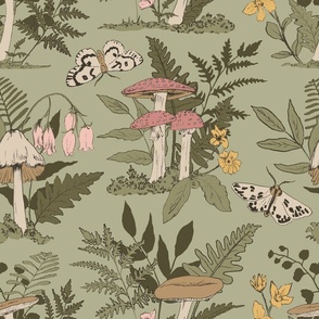 Mushroom Wallpaper | Mushroom Fabric | Fern Wallpaper| Moth Wallpaper | Enchanted Forest  in Sage Green | Large Scale