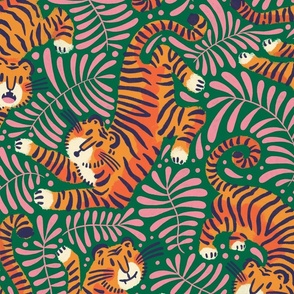 Happy Tigers in Green and Pink
