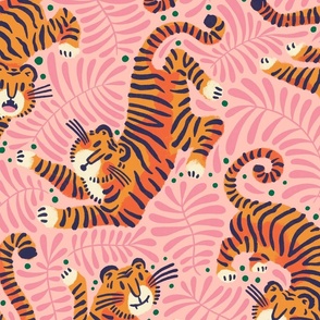 Happy Tigers in Pink and Green Dots