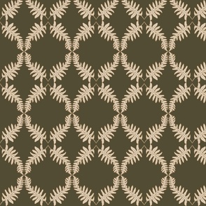 Fern Wallpaper | Dark Trellis Wallpaper | Forest Fern Leaves | Furling Fronds in Olive Green & Beige | Medium Scale