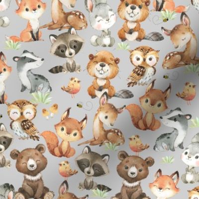 Woodland Animals on Gray Baby Nursery 10 inches/Bear Fox Deer Raccoon Owl Rabbit Beaver Bees