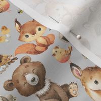 Woodland Animals on Gray Baby Nursery 10 inches/Bear Fox Deer Raccoon Owl Rabbit Beaver Bees