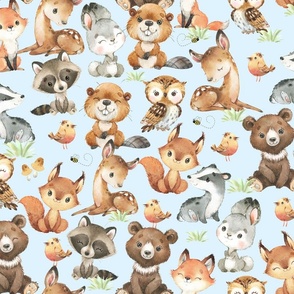 Woodland Animals on Blue Baby Boy Nursery 21 inches Large Scale/Bear Fox Deer Raccoon Owl Rabbit Beaver Bees