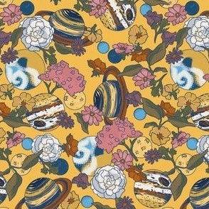 Vintage Planets and Flowers on Yellow