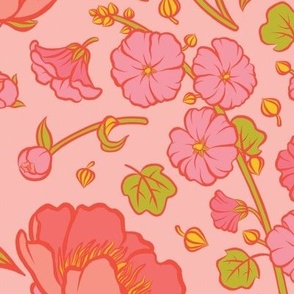 Peonies and Hollyhocks Retro Folk Floral on Pink - Extra Large