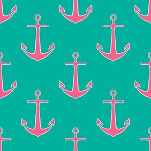 Pink Anchor Nautical Stripe on Turquoise - Medium