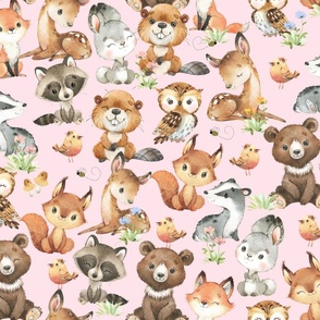 Woodland Animals on Pink Baby Girl Nursery 21 inches Large Scale/Bear Fox Deer Raccoon Owl Rabbit Beaver