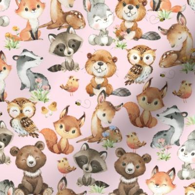 Woodland Animals on Pink Baby Girl Nursery 10 inches/Bear Fox Deer Raccoon Owl Rabbit Beaver