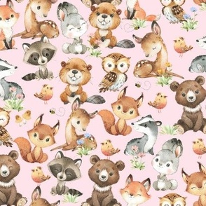 Woodland Animals on Pink Baby Girl Nursery 10 inches/Bear Fox Deer Raccoon Owl Rabbit Beaver