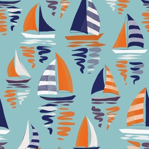 sailboats in gouache - turquoise and orange