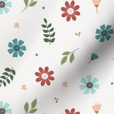 Small / Simple Tossed Floral Flowers and Leaves in Red and Blue on White