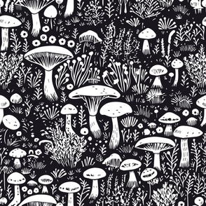 Black & White Mushrooms - Lino Cut, Woodblock, monotone - bold 
