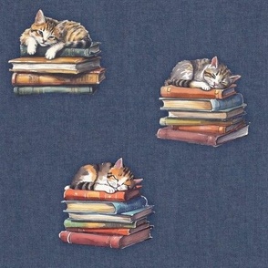 Cat on a stack of Books Reading Kitten chill on Navy