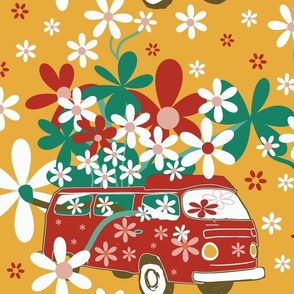 Groovy Hippy Flower Power Van Bright Colours Jumbo Wallpaper Bedding